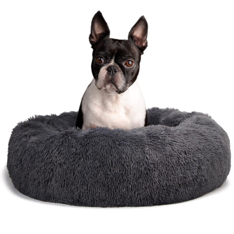 nononfish Calming Donut Dogs Beds for Medium Dogs up to 45 lb,30inch Anti-Slip Plush Round Dog Bed with Raised Rim,Fluffy Faux Fur Pet Bed for Cozy Sleep,Dark Grey - Image 1